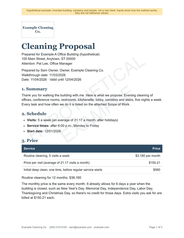 First page of a filled-in cleaning proposal marked Hypothetical example