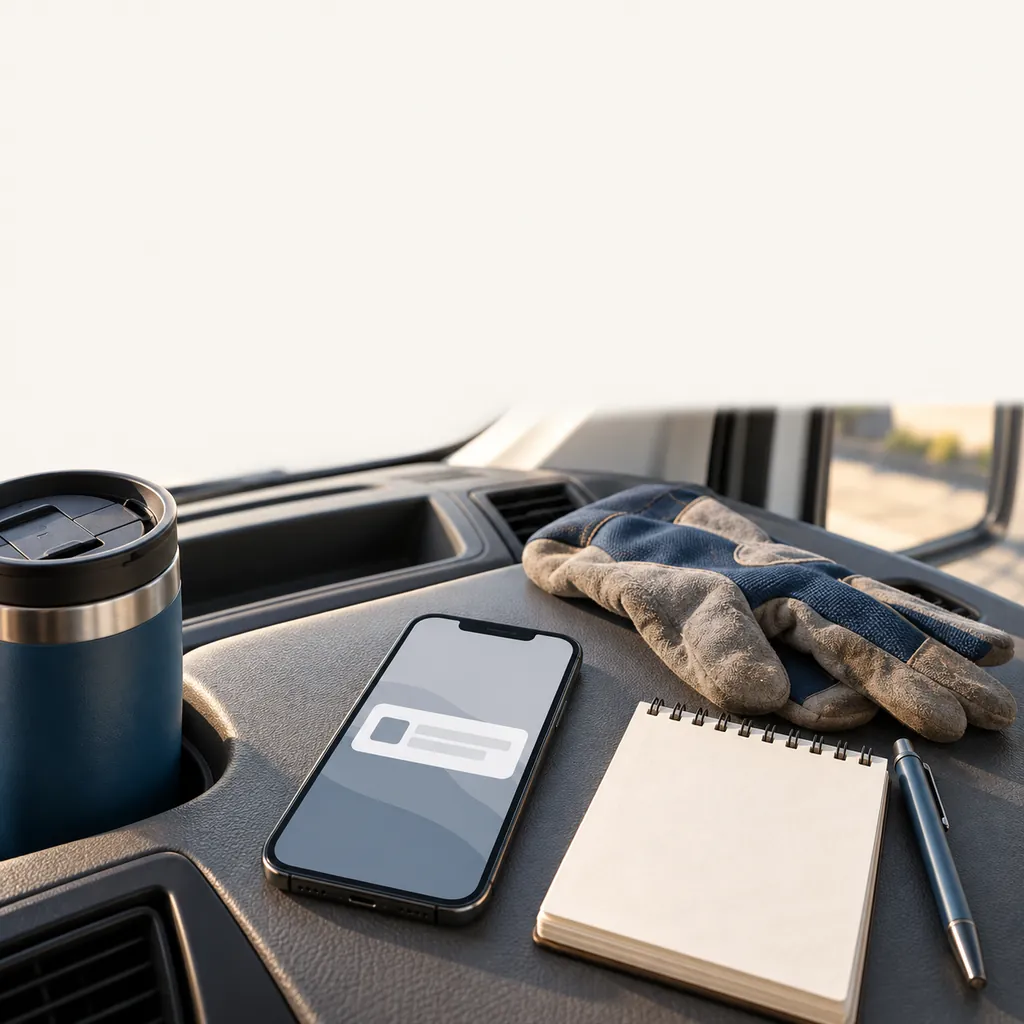 A phone showing one new notification on a parked work van's dashboard, next to a work glove and a notepad.
