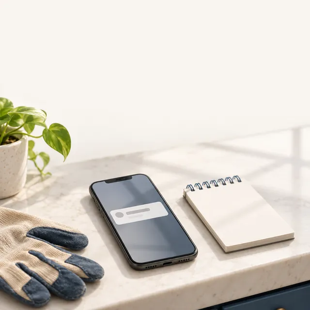 A phone with one notification on a bright counter, beside a notepad and a work glove.