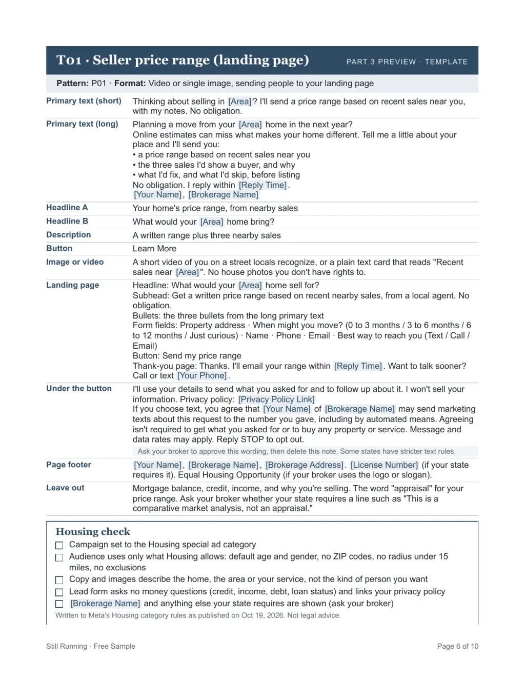 Free sample page 6: template T01 with its Housing check